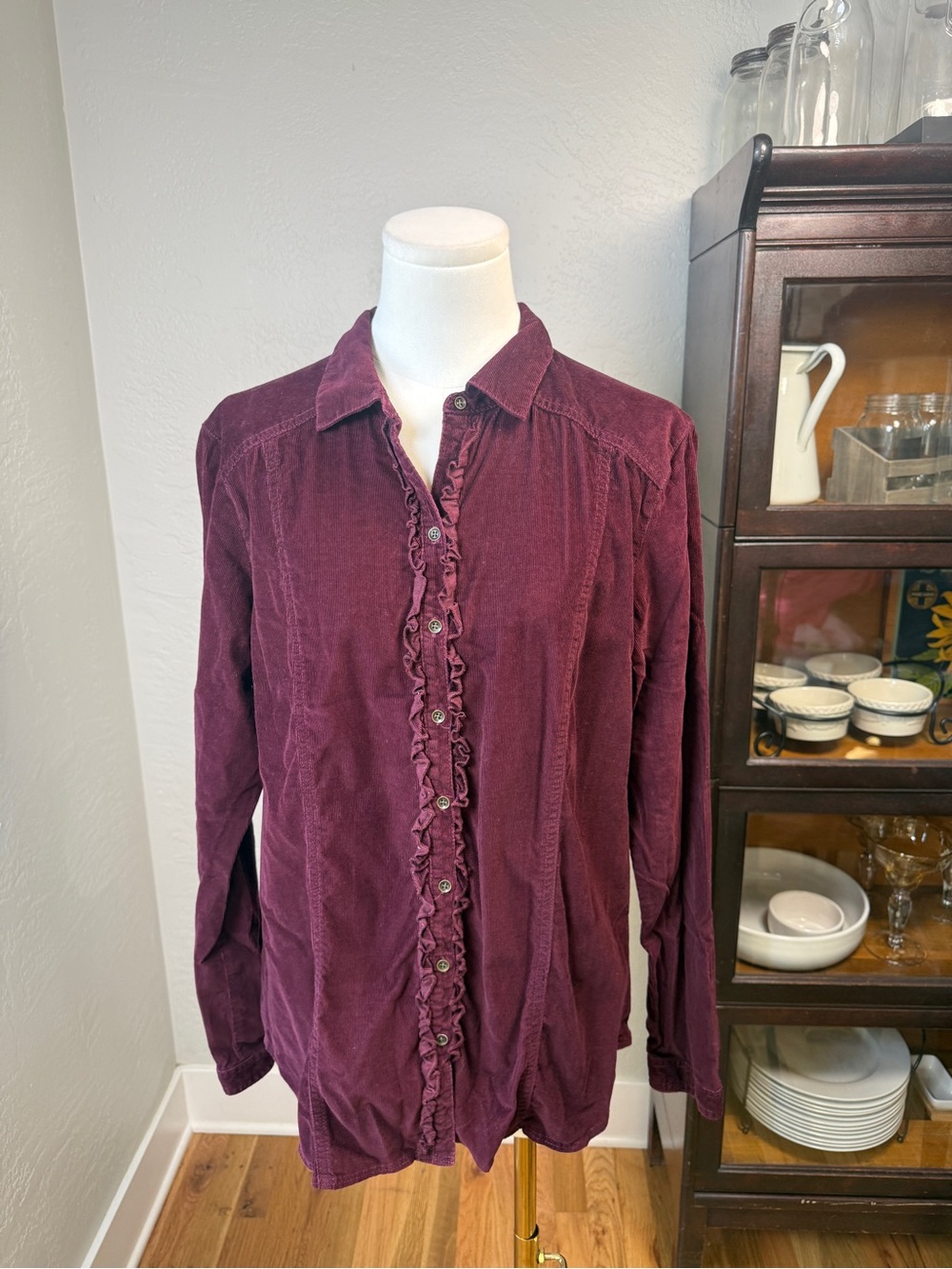 Eddie Bauer Deep Burgundy Artsy Corduroy Ruffle Button Front Shirt Size L